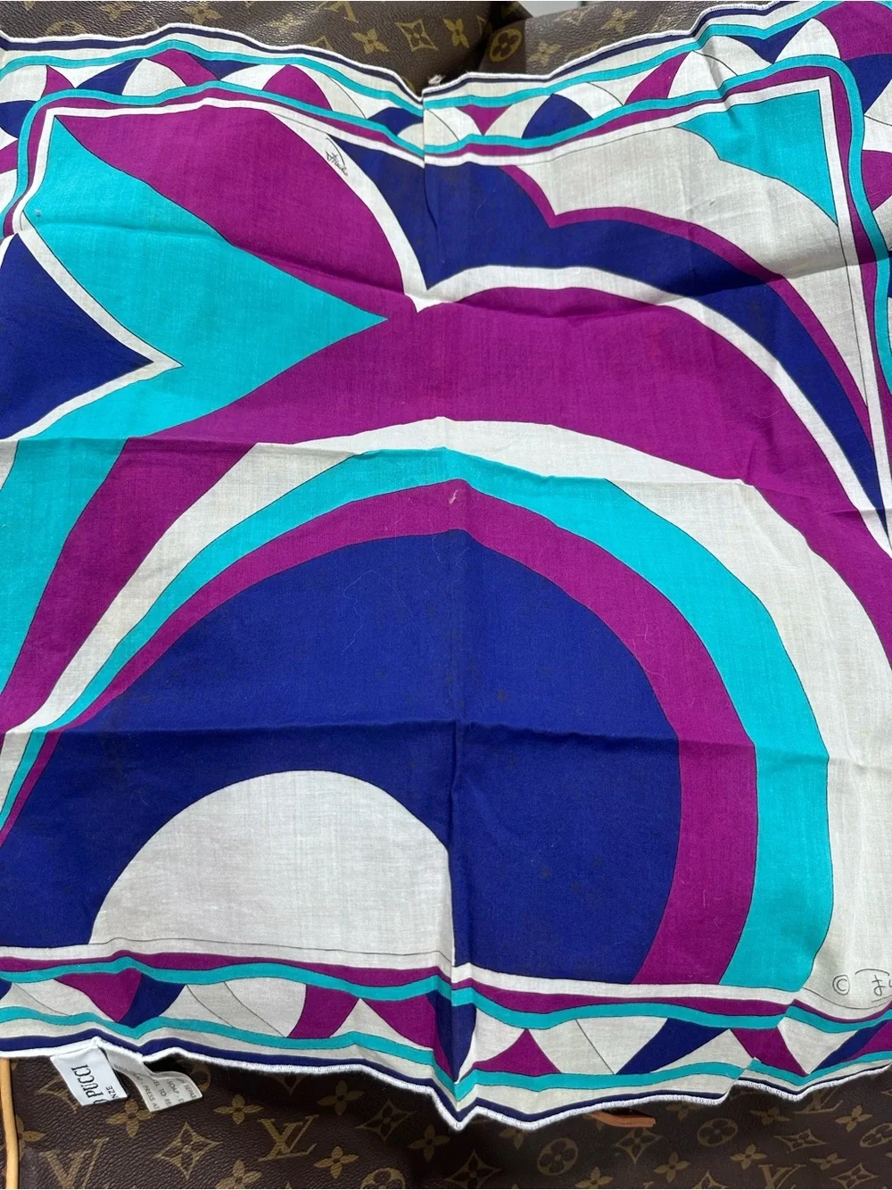 Emilio Pucci VINTAGE Silk Scarf in Blue, Turquoise & Purple Geometric Print